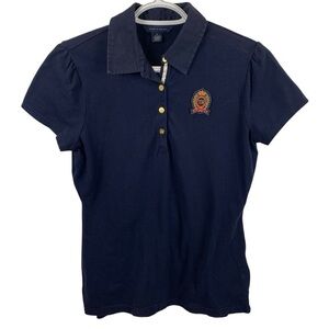 Tommy Hilfiger Women's M Navy Blue Polo Shirt Gold Buttons Crest Golf Tennis